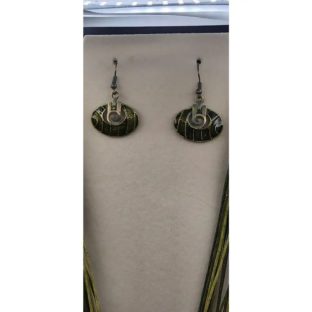 Green Black Boho Necklace Earrings Set Spiral Rhinestone Multi Strand Cord